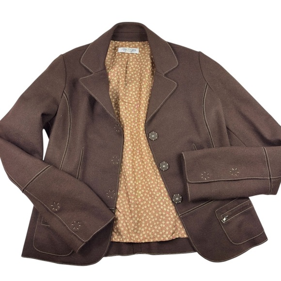 Chocolate Brown Wool Blazer Jacket M Floral Lining Power Dress Margaret O’Leary - Picture 1 of 14